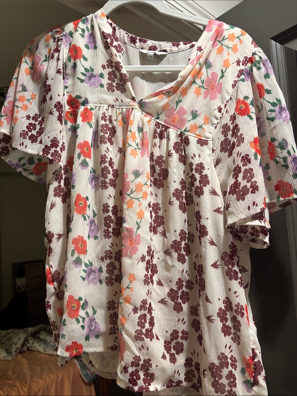 Lucky Brand Floral Flutter-Sleeve Blouse - Cream with Coral, Lavender & Burgundy